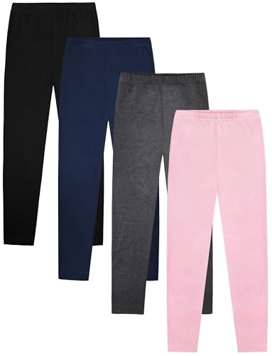 VOGRYE Girls 5T Leggings 4-Pack Cotton Blend Full Length Pants Black Grey Navy Pink
