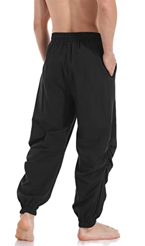 PACEIADTA Men’s Casual Cotton Linen Joggers 34 Black Elastic Waist Drawstring