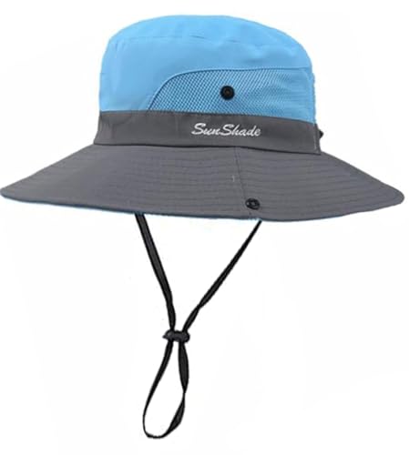 Women's Bucket Hat with Ponytail Hole - UV Protection, Foldable - Medium Blue & Grey