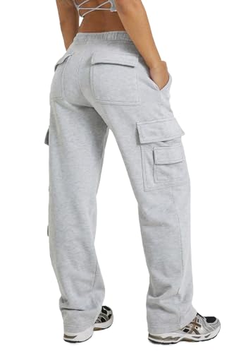 Waitfairy Women's Cargo Sweatpants Wide Leg Fleece Baggy Medium Light Grey