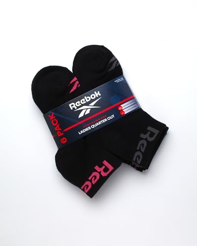 Reebok Womens Quarter Socks 6-Pack All Black Moisture-Wicking Cushioned Ankle Socks