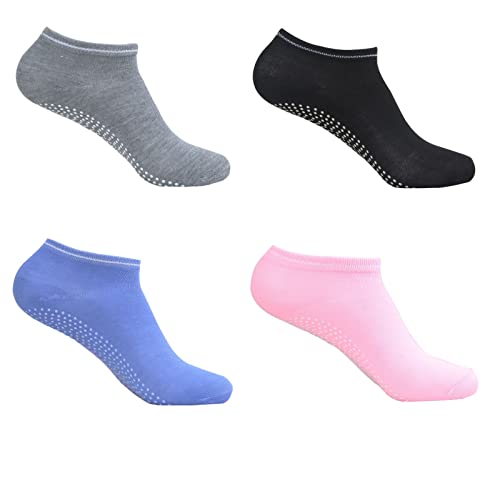 Non-Slip Yoga Socks for Women - 4 Pairs, Sizes 6-6.5 - Black, Pink, Grey, Blue