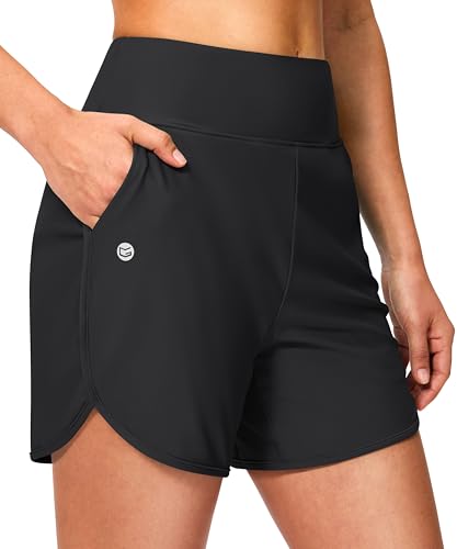 G Gradual Women's 5" High-Waisted Swim Board Shorts with Pockets, Large Black
