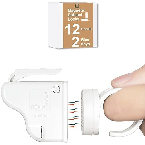 Roving Cove Ergonomic Magnetic Cabinet Baby Locks 12-pk, Child Proof Drawer Cupboard Latches, Adhesive, Easy Install with Starter Tape System