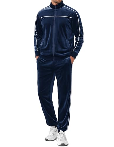 COOFANDY Men's Velour Tracksuit Set - Navy Large Zip Up Sweat Outfit