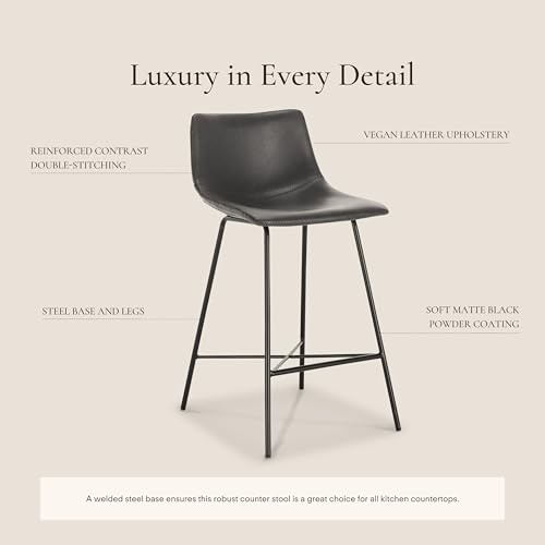 Counter Stools Set of 2 - 24 Inch Gray Faux Leather & Steel