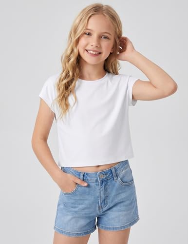 Girls Batwing Crop Top - Short Sleeve Athletic Tee - White, 6-7 Years