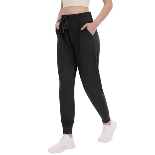 High Waisted Women's Joggers with Pockets - 27" Inseam, Large, Black