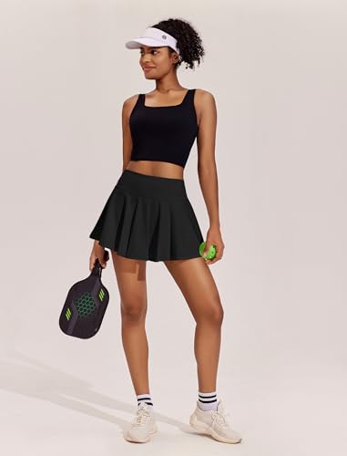 Women's 14" Pleated Athletic Tennis Skirt with Pockets - High Waist, Tummy Control