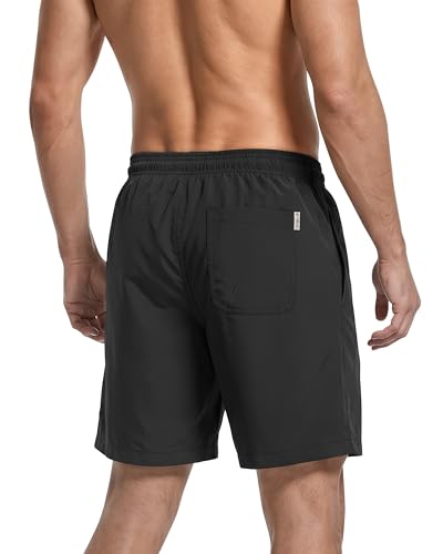 Quick-Dry Men's Swim Trunks - Mesh Liner, 7" Inseam, Black, Large