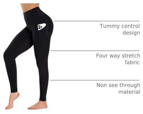 High Waist Yoga Pants with Pockets - Tummy Control Leggings - Black 25-inch