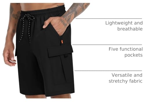 Men's Quick Dry Cargo Shorts - Lightweight Stretch with 5 Pockets, 9 Inch, X-Large, Black