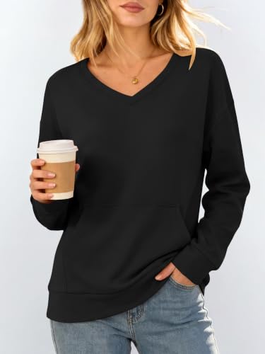 ANRABESS Women's V-Neck Long Sleeve Sweatshirt Large Black Cozy Casual Top