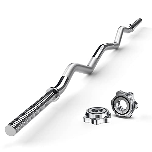 ExtreSpo 47-Inch EZ Curl Barbell with Star Collars, Silver, 1-inch Olympic Weightlifting Bar for Gym & Home