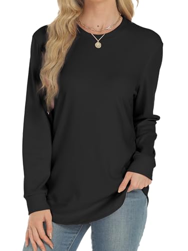 Long Sleeve Tunic Top for Women - Crew Neck Side Split - Black, Medium
