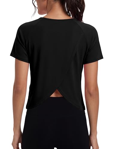 Quenteen Women's Black Short Sleeve Workout T-Shirt Medium Activewear for Gym & Yoga