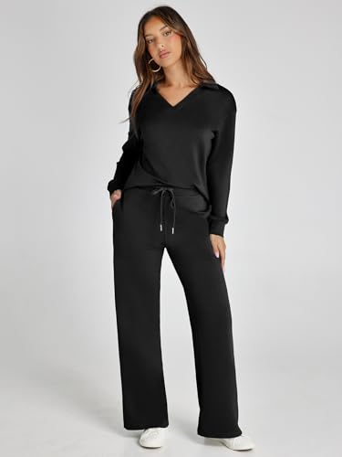 Glamaker Women's 2 Piece Sets Black Large Casual Sweatsuit Outfit