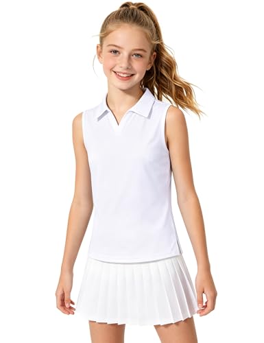 Girls Sleeveless Polo Shirt - Quick Dry Golf Tennis Top, 11-12 Years, White