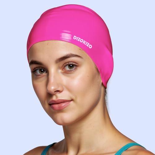 Dizokizo 2-Pack Silicone Swim Caps for Women & Men - Non-Slip Waterproof Hair Hats, Long & Short Hair, Rose Red & Black