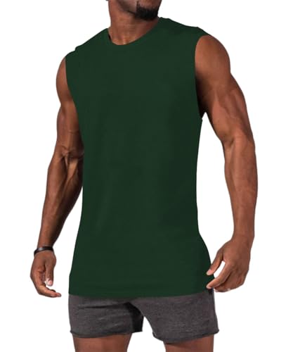 Men's Sleeveless Gym Tank Top - Muscle Cut Off Shirt - Large Dark Green