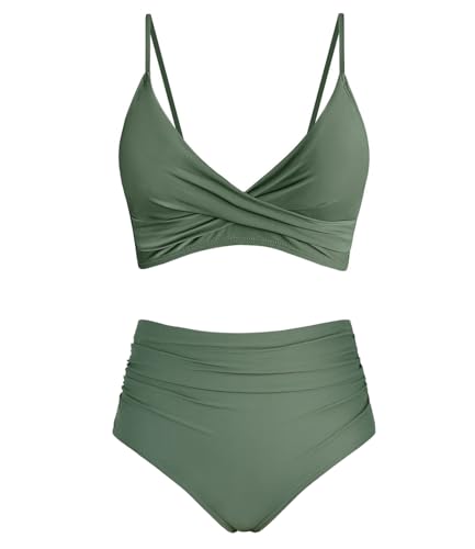 Women's Olive High Waisted Bikini Set with Tummy Control - Medium