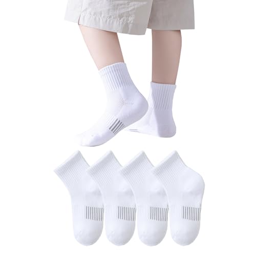 Boys Athletic Socks - Half Cushion Crew Cotton Socks for Kids, 7-10 Years - White, 4 Pack