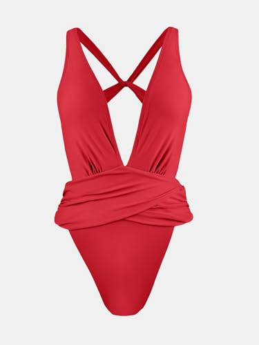 CUPSHE Women's Red Monokini Swimsuit - Medium, Plunging V Neck, High Cut One-Piece