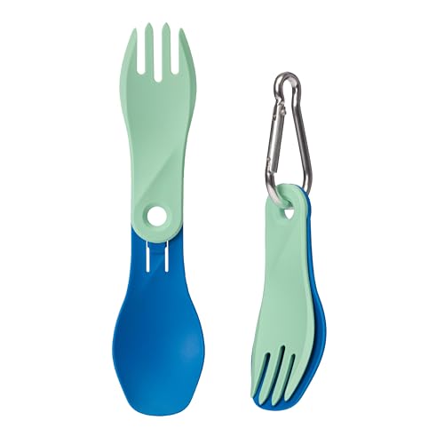 Humangear GoBites Bio Spin Folding Spork - Compact Eco-Friendly Travel & Camping Utensil with Carabiner, Dark Blue/Mint Green