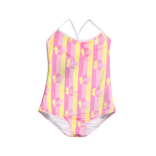 Girls One-Piece Swimsuit - Tropical Print, Quick-Drying - Pink/Yellow