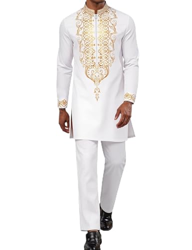 White Men's African Dashiki 2-Piece Set - Gold Stamp Traditional Outfit XL