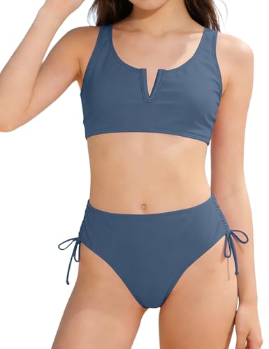 Girls 2-Piece V-Neck Cutout Swimsuit Set - High Waisted, 9-10 Years, Dark Blue