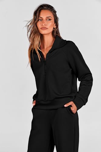 Women's 2 Piece Matching Lounge Set - Zip Up Sweatshirt, Wide Leg Pants - Medium Black