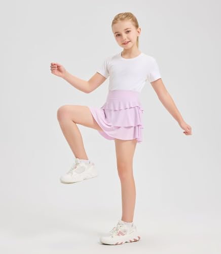 Girls 2 in 1 Athletic Skort - Soft Breathable Tennis Skirt with Built-in Shorts & Pocket, 8-9 Years Light Purple