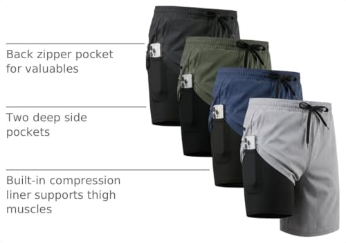 Veldtholos 4 Pack Men's 2-in-1 Athletic Running Shorts with Liner - Large, Black/Blue/Gray/Green