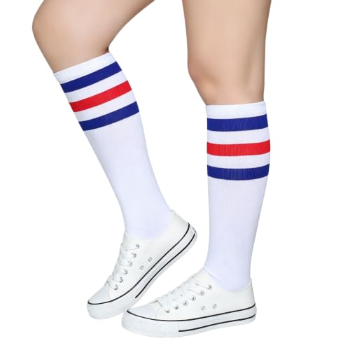 Soft Cotton Knee High Tube Socks - Blue/Red/White - One Size