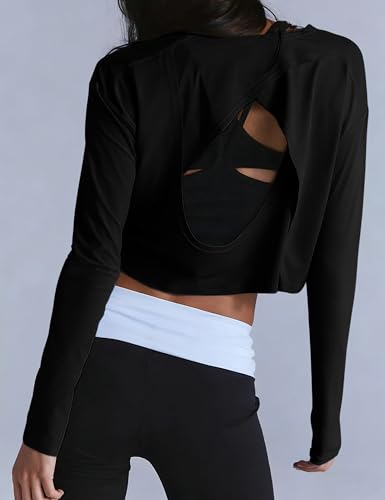 Open Back Long Sleeve Workout Tops for Women - Black, Small