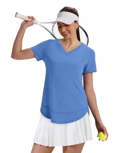 XIEERDUO Women’s UPF 50+ Quick Dry Short Sleeve Hiking & Running Top, V-Neck, Blue, XL