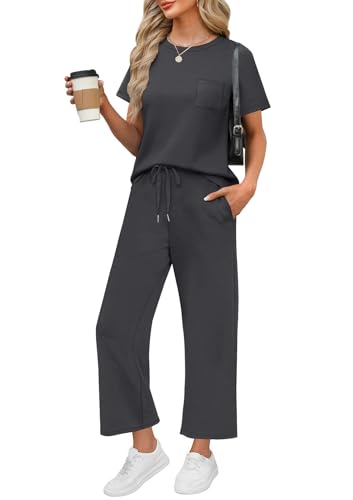 WIHOLL Women's Casual Summer Travel Outfit Set - Medium Dark Grey, Short Sleeve & Wide Leg Crop Pants