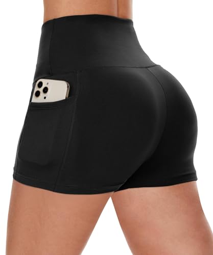 Biker Shorts for Women with Pockets - 3 Inch - Black - Spandex Yoga