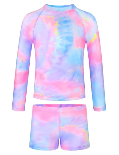 Girls Long Sleeve Rash Guard Swimsuit with Shorts - Tie Dye B, 10-12 Years