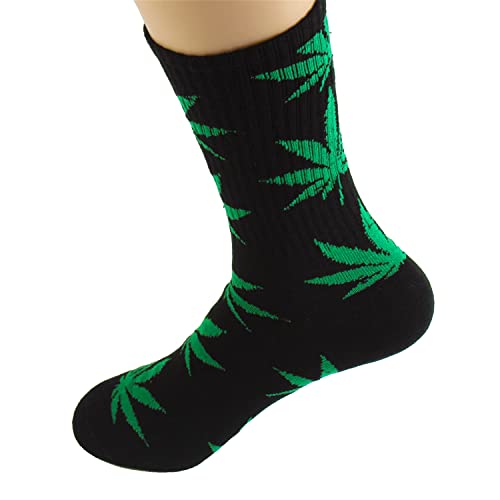 Weed Leaf Printed Cotton Tube Socks - One Size Black Green