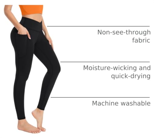 High Waisted Crossover Leggings with Pockets - Black, 25" Inseam, X-Large