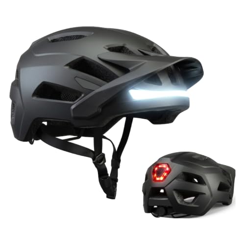 Silkycasters Adult Bike Helmet with LED Lights, Sun Visor, Size L (59-61cm), Black