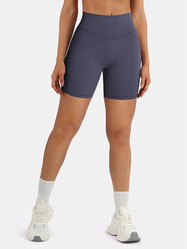 High Waist Women's Workout Shorts 6" Breathable Elastic - Large Blue