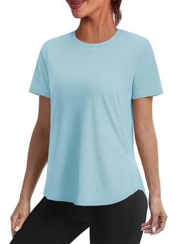 Womens Summer Workout T-Shirt - Short Sleeve Crewneck - Large Blue