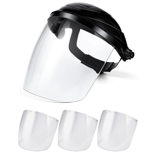 SAFETY Face Shield for Grinding and Cutting with 3 Pcs Clear Impact Resistant Visor Full Face Shield Mask with Ratchet Headgear for Grinding, Isolation, Weed Whacking, Industrial Use