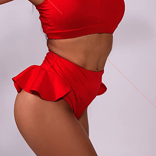 High Waist Women's Gym Shorts - Sexy Ruffle Hot Pants, C-Red 3X-Large
