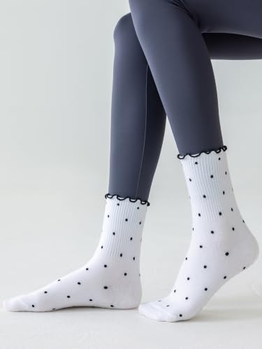 Grippy Pilates Socks for Women - Polka Dot White Ruffle Design