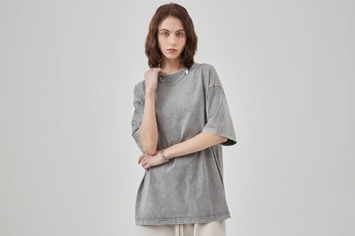 SnowElve Men's Oversized Cotton T-Shirt - Vintage Washed Loose Fit Unisex Casual Tee XL