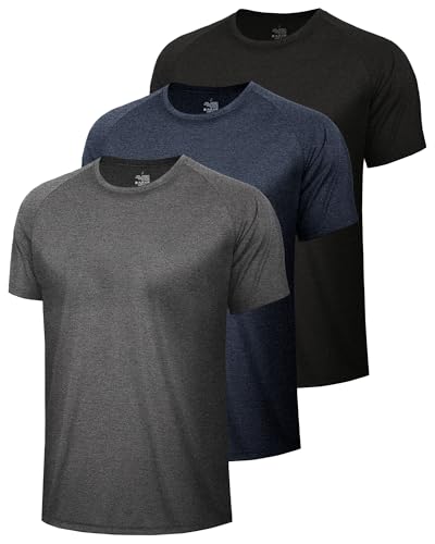 BOOJO Men's Workout T-Shirts 3 Pack - Quick Dry, Moisture Wicking, Sizes S-6XL, Heather Black, Grey, Navy